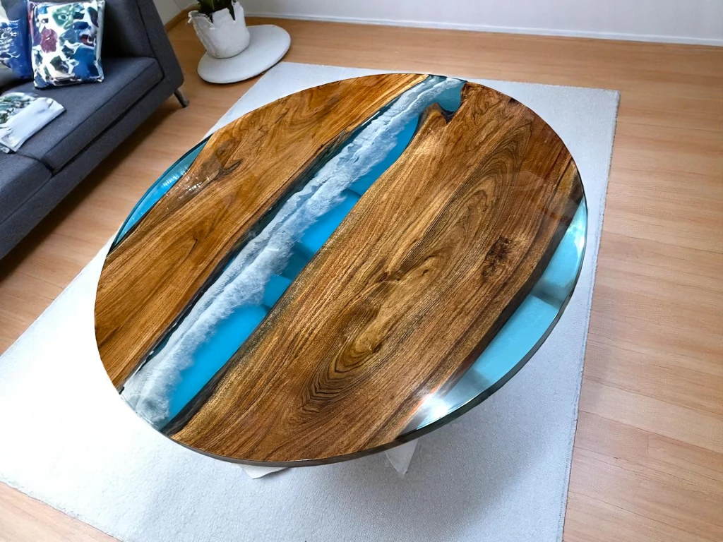 Blue Round Epoxy Ocean Table – Customizable Design
